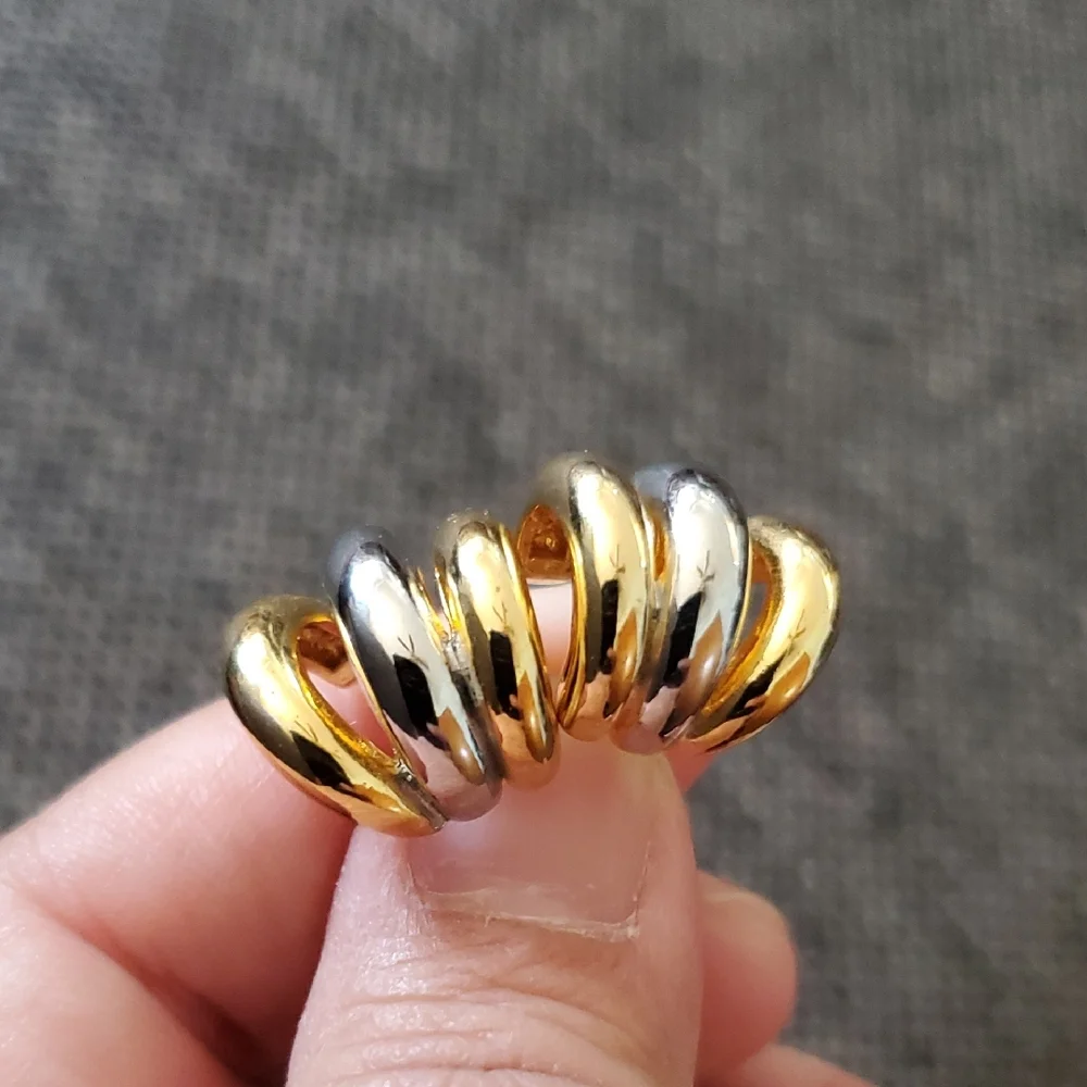 Two Tone Triple Hoop Earrings Gold Silver Mixed Metal Chunky J-Hoops Post Back